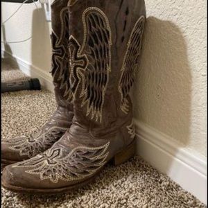 Corral Black Sequin Wing & Cross Inlay Cowgirl Boots Square Toe Size 10